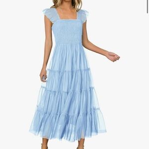 PRETTYGARDEN Summer Casual Sleeveless Smocked Ruffle Tulle Flowy Beach Sundress